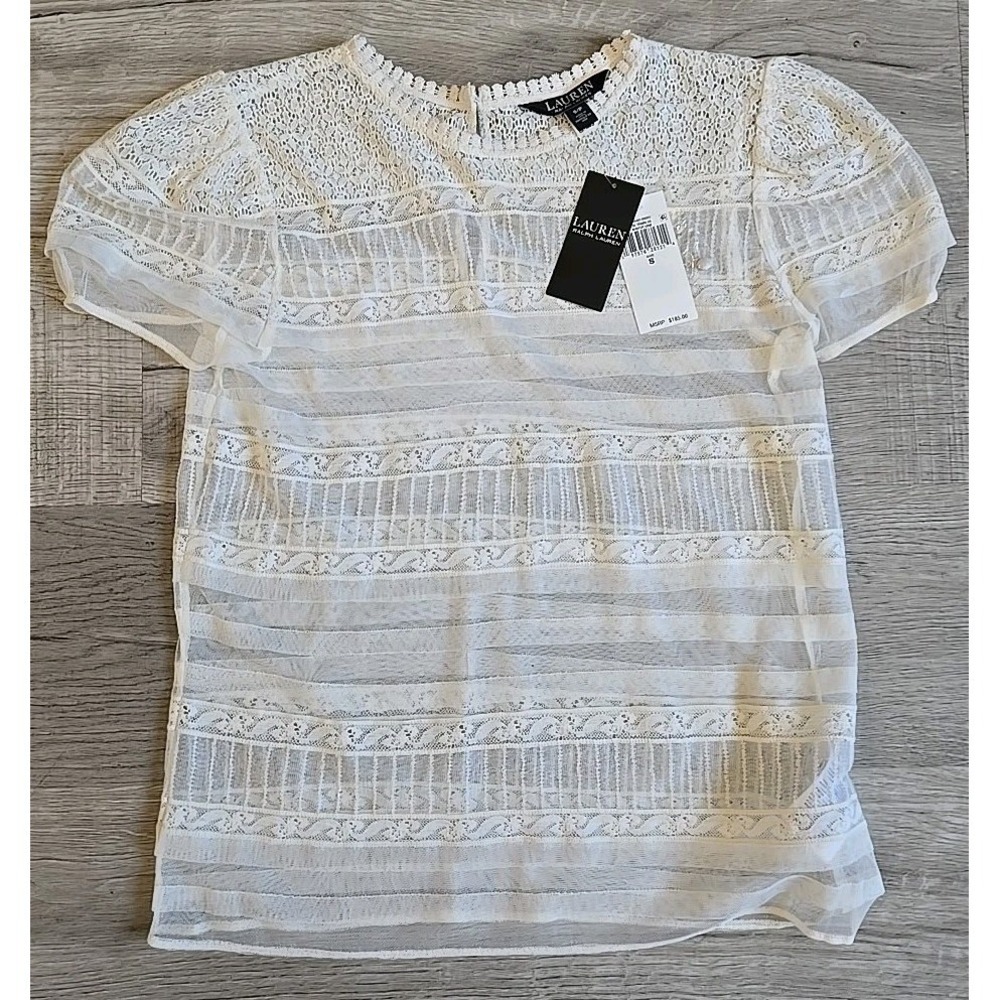 Lauren Ralph Lauren S Black Label Lace-Trimmed Mesh Puff-Sleeve Blouse Woman
